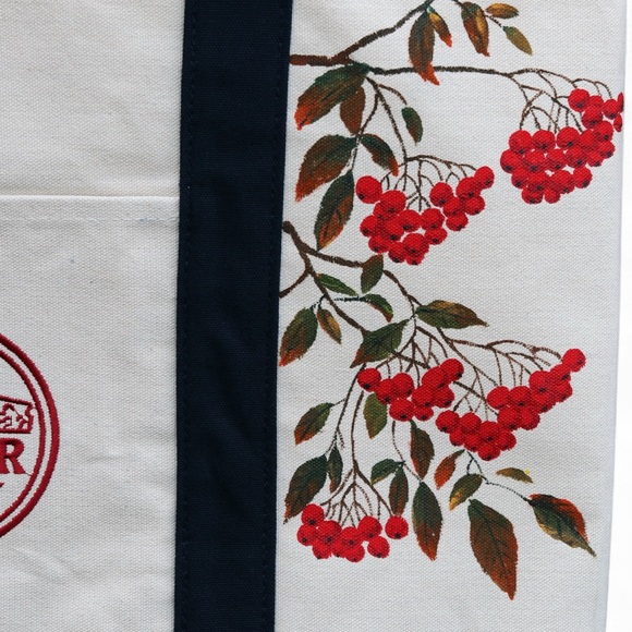 Hand Painted Trader Joe Canvas Christmas Tote Bag with Poinsettia and Red Berry - Picture 4 of 4